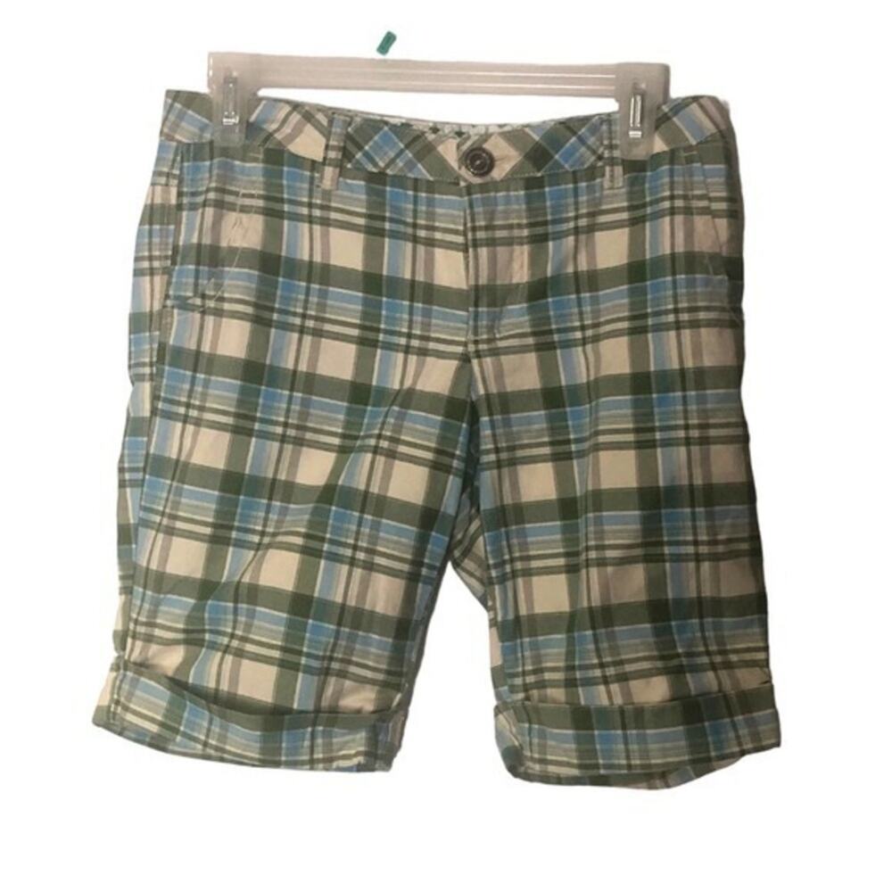 Degree Womens Mid waist Plaid Flat Front Blue Green‎ Bermuda Shorts Size 5
